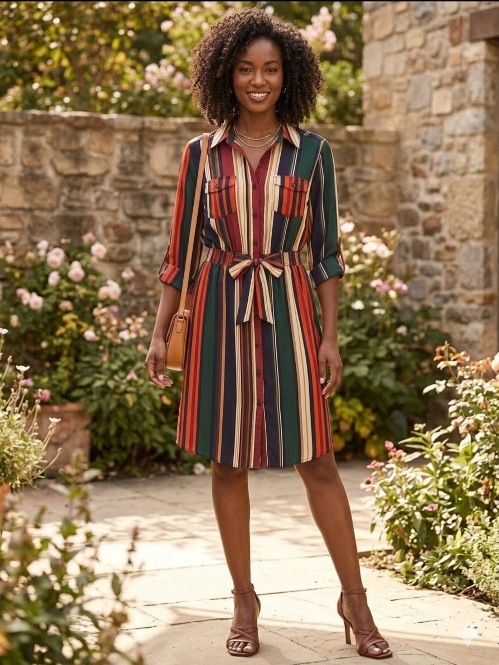 Striped Button-Front Shirt Dress in Red, Green, and Cream